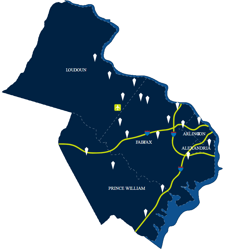 Map showing Washington D.C. and surrounding areas with highlighted locations.