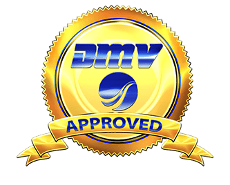 Gold seal with 'DMV Approved' text and blue logo.