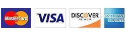 Logos of major credit card companies: MasterCard, Visa, Discover.